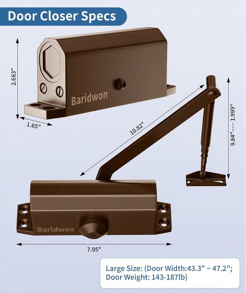 Baridwon Large Classic Coffee Door Closer - Matte Finish Commercial Closer, No Slam Hydraulic System for High Traffic Doors - Image 5